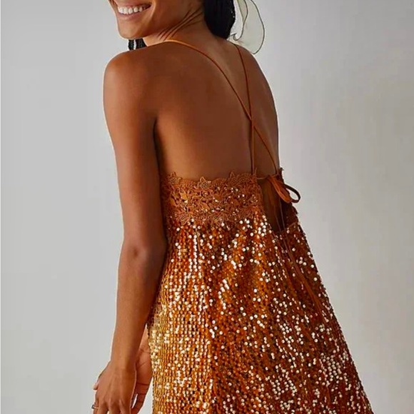 🧡 Free People Intimately Free Golden Velvet Sequin Strapped Cocktail Dress - Picture 5 of 17